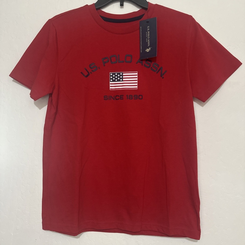 US Polo Association Unisex Red Cotton T-Shirt W/ Flag Logo NWT Boys Size‎ XL